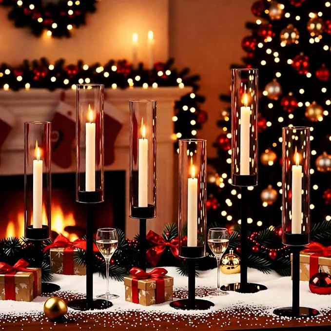 6 Black Candle Holders Set – Modern Candlestick Holders for Dining Room Decor, Candle Stick Holder Set for Weddings, Centerpieces for Tables, Gift for Home Decor, Coffee Table Candle Holder Decor