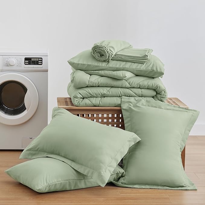 Love's cabin California King Comforter Set Sage, 7 Pieces California King Bed in a Bag, All Season Bedding Sets with 1 Comforter, 1 Flat Sheet, 1 Fitted Sheet, 2 Pillowcase and 2 Pillow Sham