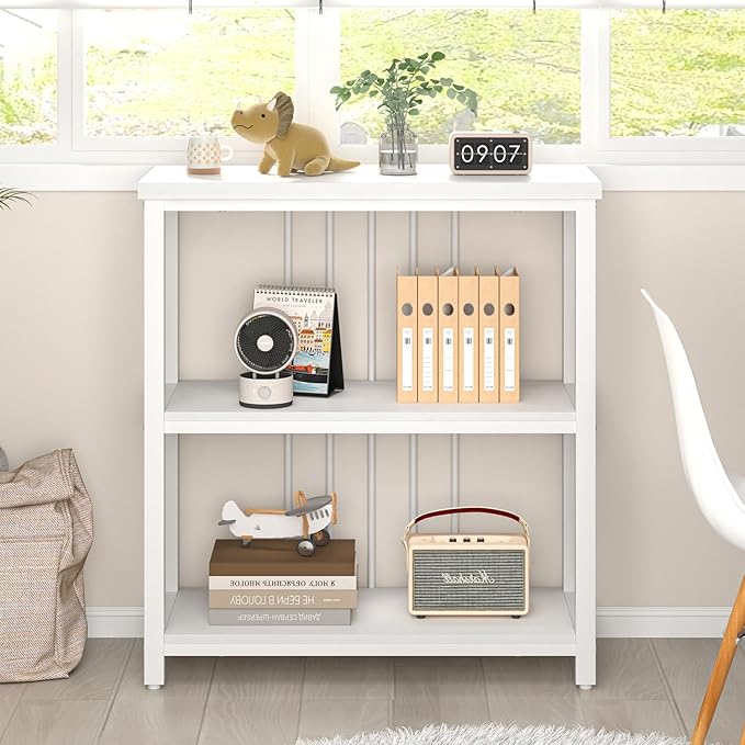 FOLUBAN Small Bookshelf, Modern 3 Tier Book Shelf, Wood and Metal Bookcase for Home Office Living Room Bedroom, White Oak