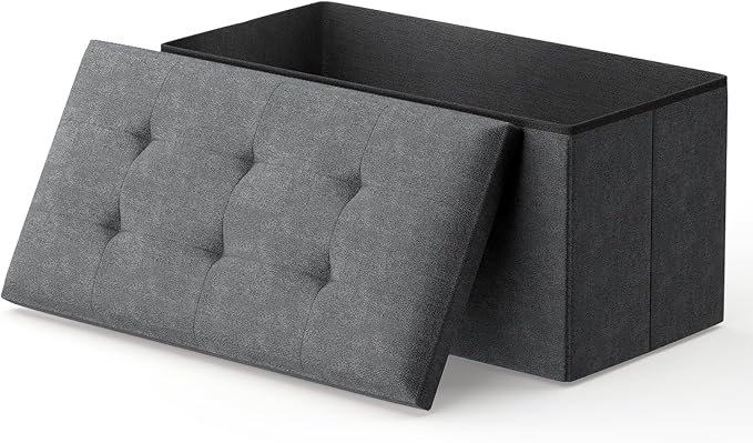 MoNiBloom 30 Inches Storage Ottoman Bench, Rectangle End of Bed Bench, Storage Padded Seat, Linen Fabric Ottoman Footrest for Living Room, Bedroom, Entryway, Dark Gray