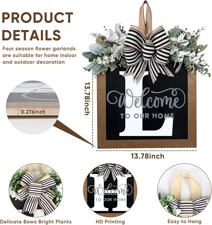 Ultra Large 14'' Last Name All Year Round Front Door Wreath with 26 Initial Letter Welcome Sign All Seasons Eucalyptus Garland and Bow Wreaths for Front Door Porch Farmhouse Decoration (L)
