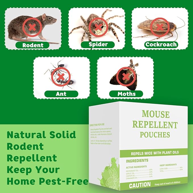 Pest Repellent Pouches, 10 Pack Peppermint Oil for Mice, Rodent, Mouse, Rats, Spider, Squirrel, Pest Control Indoor & Outdoor, Natural Mouse Deterrent Replace Traps Family & Pet Safe
