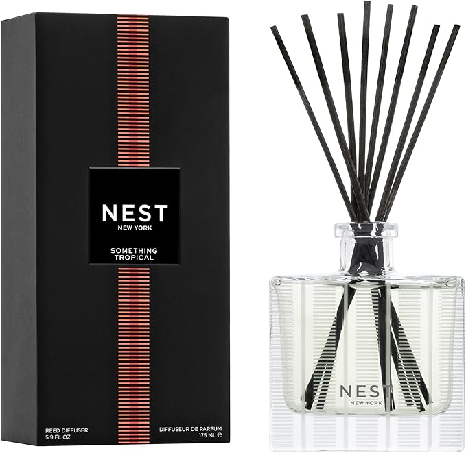 NEST New York Reed Diffuser, Something Tropical - 5.9 fl oz - Fragrance for Up to 90 Days - Reusable, Refillable Glass Holder - Includes 8 All-Natural Reed Sticks - Flame Free