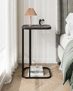 C Shaped End Table, 27 Inches High Small Side Table for Sofa and Bed, Couch Table Slides Under, Tall Tv Tray Table for Living Room, Bedroom, Metal Frame, Black Oak
