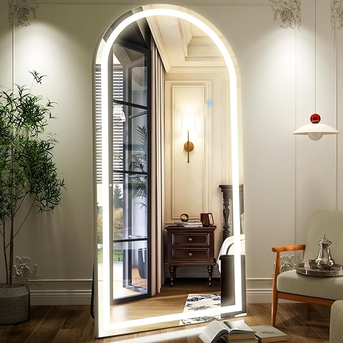 GLSLAND 34"x76" Arched LED Full Length Mirror with Lights Wall Mounted/Standing, Dimmable Floor Lighted Mirrors W/Anti-Fog, Touch Control for Bedroom, Dressing Room