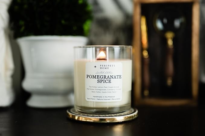 PERIPETI Home Pomegranate Spice Scented Candle, Wooden Wick – 8.5oz Natural Soy Wax for Energizing Aromatherapy, Long-Lasting Burn