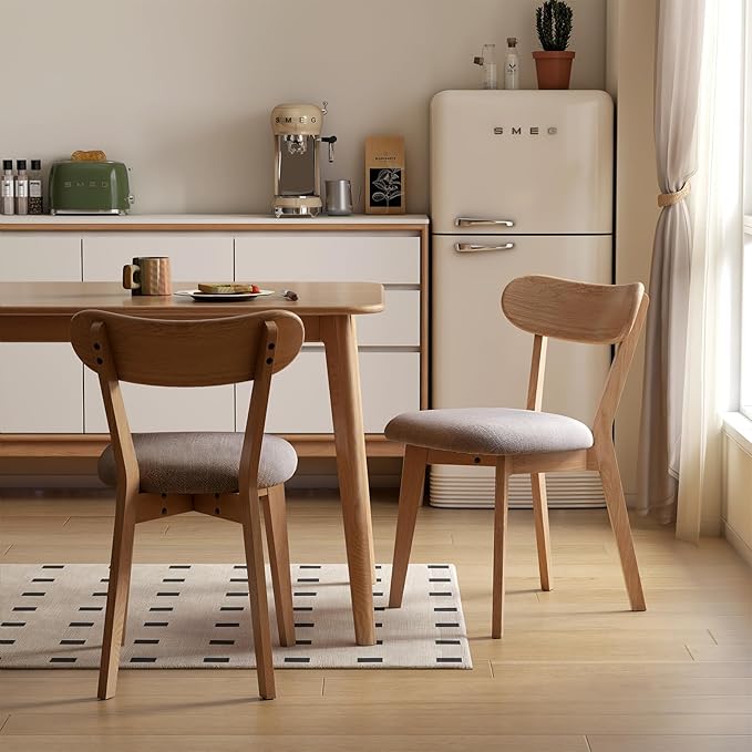 100% Solid Oak Dining Chairs, Mid Century Modern Dining Chair with Curved Backrest, Fabric Upholstered Dining Chairs for Kitchen, Study, Living Room (4, Original Wood-Gray Cushion)