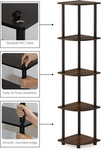 Furinno TURN-N-TUBE Corner Shelf Set of 2, 5-Tier Corner Bookshelf, Open Storage Shelves, for Organization and Storage, Living Room, Home Office, Garage, Walnut