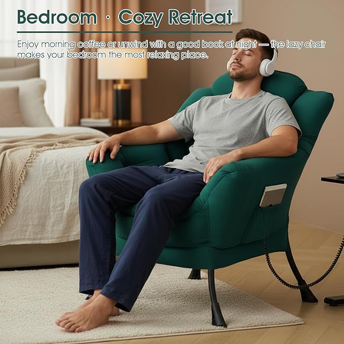 Lazy Chair for Living Room, Large Dark Green Lounge Accent Chair with a Throw Pillow, Leisure Sofa Chair Set, Comfy Reading Chair for Bedroom, Dorm Room, Office