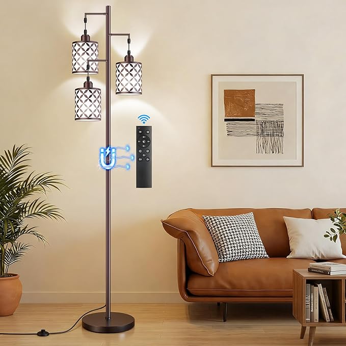 New Upgraded 72" Tall Dimmable Floor Lamp, 3 x 800LM 9W LED Bulbs Included, Farmhouse Standing Lamp with Remote Control, Industrial Tree Pole Floor Lamps for Living Room, Bedroom, Study Room - Brown