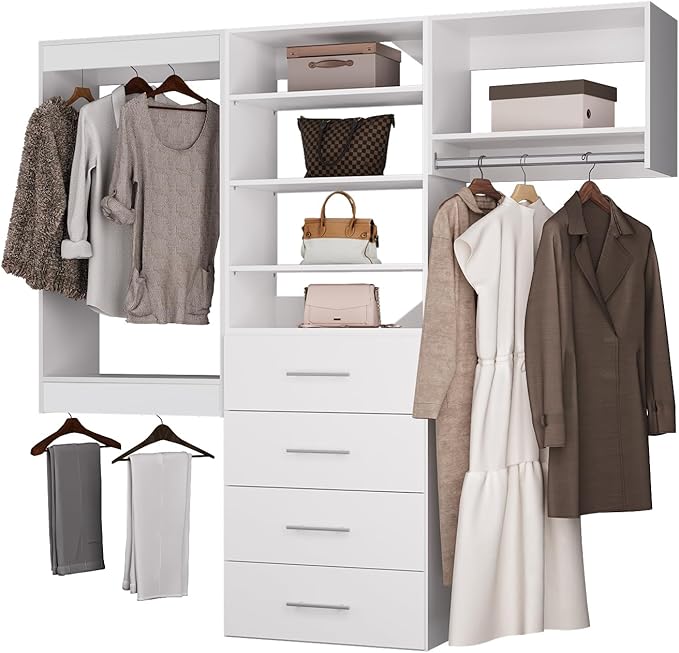 ROOMTEC Modular Closet System, 96" Wall Mounted Closet Organizer with Hanging Rods and Drawers, Modern Wooden Tower for Walk-In Closets, Wardrobe Storage Kit, White