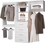 ROOMTEC Modular Closet System, 96" Wall Mounted Closet Organizer with Hanging Rods and Drawers, Modern Wooden Tower for Walk-In Closets, Wardrobe Storage Kit, White