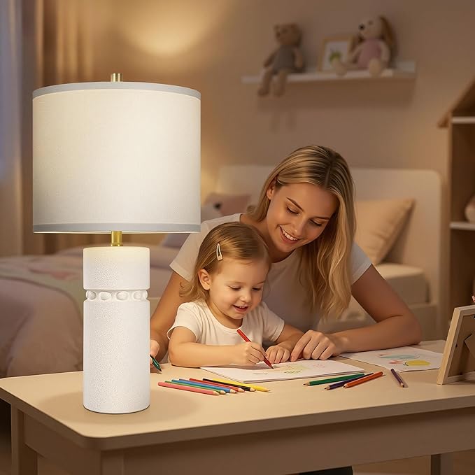 24" Ivory Modern Ceramic Bedside Table Lamps Set of 2, Boho Tables Lamps for Living Room with 3-Way Dimmable Bulb, Rustic Nightstand Lamp with Linen Shade for Bedroom Office (Bulbs Included)