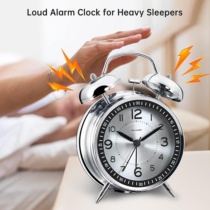 Peakeep Loud Alarm Clock for Heavy Sleepers Adults, Metal 4.5" Twin Bell Battery Operated Alarm Clocks for Bedrooms Decoration (Metal Silver)