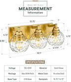 Bathroom Light Fixtures Over Mirror, 3-Light Brushed Gold Vanity Light with Clear Hammered Glass Globe Shade, Modern Sconces Wall Lighting Bedroom Hallway, VL200-BG-3