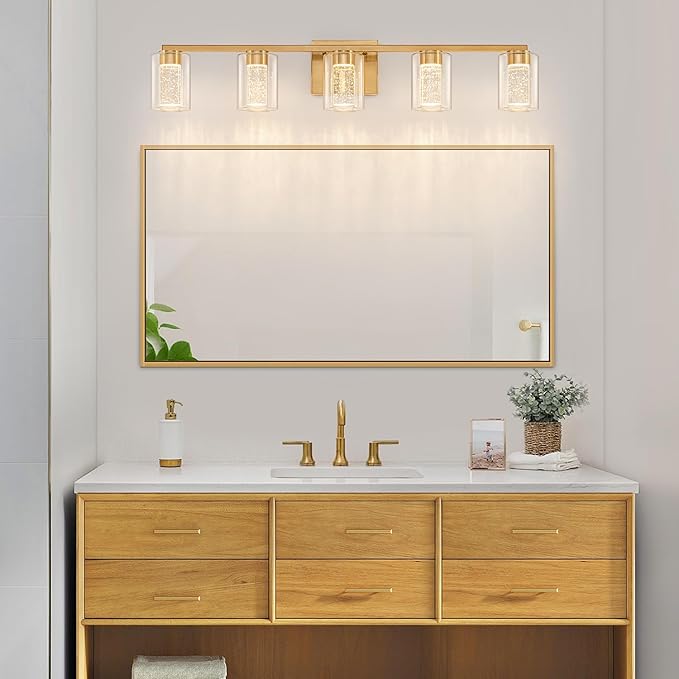 SineRise 5-Light Gold Vanity Light with 3 Color Modes (3000K/4000K/6000K), Eye Protection LED Bathroom Light Fixture, Dimmable Modern Wall Light Over Mirror with Clear Glass Shade
