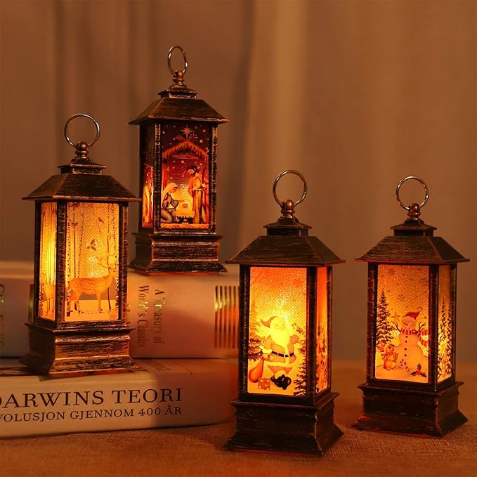 Christmas Lantern Decorations Christmas Lighting Decorations Christmas Tree Decoration Home Decor Small Candle Lanterns, Holiday Decoration Gifts for Family, Children, or Friends（4-Pack）