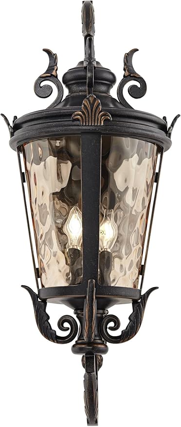 John Timberland Casa Marseille Vintage Outdoor Wall Light Fixture Veranda Bronze Scroll Frame 31" Champagne Hammered Glass for Exterior House Porch Patio Outside Deck Garage Yard Front Door