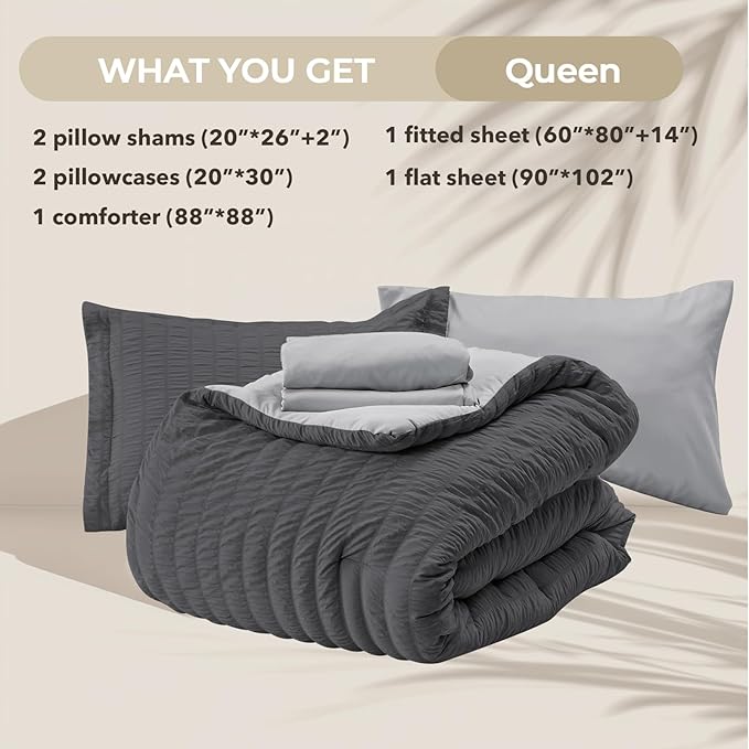 HYMOKEGE Dark Grey/Light Grey Queen Comforter Set Seersucker 7 Pieces, All Season Luxury Bed in a Bag Queen for Bedroom, Bedding Set with Comforter, Sheets, Pillowcases & Shams