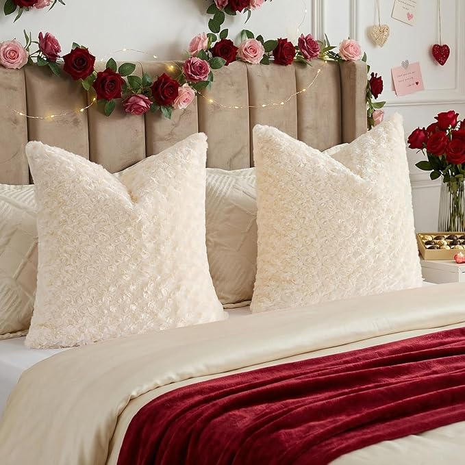 FUTEI Cream White Decorative Throw Pillow Covers 16x16 Inch Set of 2,Soft Solid Rose Swirl Textured Cushion Case,Valentine's Day Decor for Couch Living Room