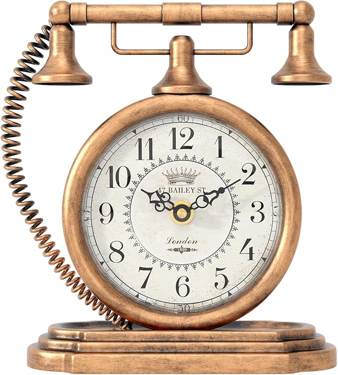 Vintage Table Clock, Desk and Shelf Decor Clock, Gold Antique Telephone Style Mantel Clocks, for Living Room, Farmhouse, Bedroom, Bedside, Gift (7.3" H x 7.3" W)