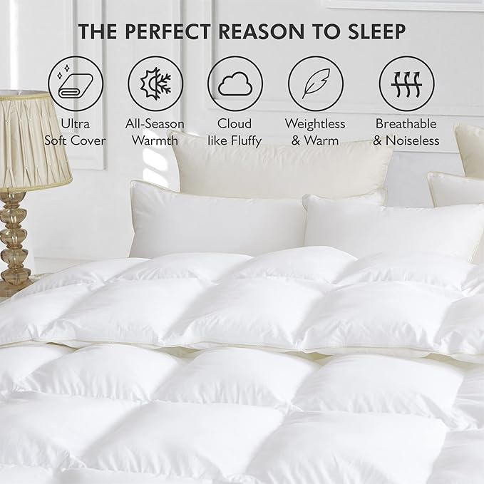 Luxurious White Solid Medium Weight, Palatial King Size Goose Feathers Down Comforter for All-Season Weather, 120 X 98 inches, Premium Baffle Box, 100% Egyptian Cotton Cover, 85 oz. Fill Weight