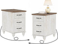 WAMPAT Set of 2 End Tables with Charging Station, Antique White Side Table with Storage Cabinet & Drawer, Wooden Nightstands with Power Outlets & Type-C USB Port for Bedroom