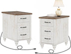 WAMPAT Set of 2 End Tables with Charging Station, Antique White Side Table with Storage Cabinet & Drawer, Wooden Nightstands with Power Outlets & Type-C USB Port for Bedroom
