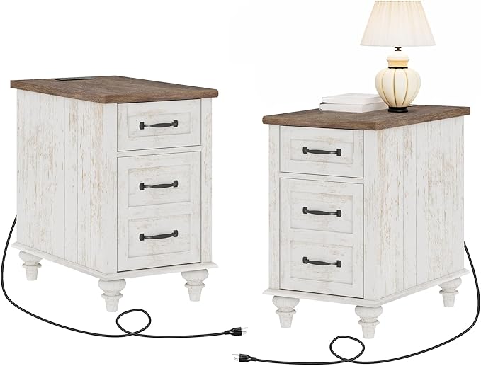 WAMPAT Set of 2 End Tables with Charging Station, Antique White Side Table with Storage Cabinet & Drawer, Wooden Nightstands with Power Outlets & Type-C USB Port for Bedroom