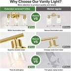 3-Light Bathroom Light Fixtures, Vanity Light with Clear Glass Shades, Brushed Gold Bathroom Light Fixtures Over Mirror, Modern Bathroom Wall Lamp for Mirror Living Room Cabinet Bedroom