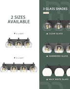 Bathroom Light Fixtures Over Mirror, 3-Light Matte Black Vanity Light with Clear Hammered Glass Globe Shade, Modern Sconces Wall Lighting for Bedroom Hallway, VL200-MB-3
