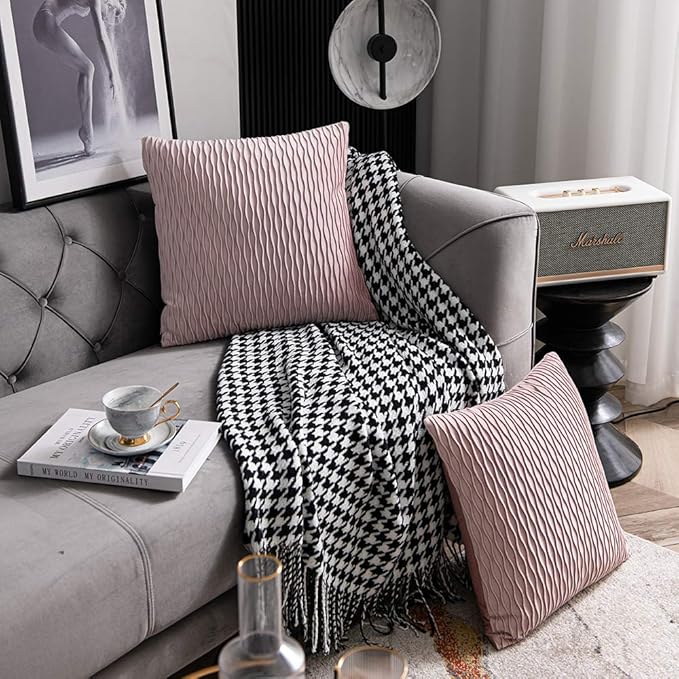 18x18 Pink Throw Pillow Covers: 2 Pack Original Striped Velvet Square Decorative Pillow Cases for Farmhouse Couch