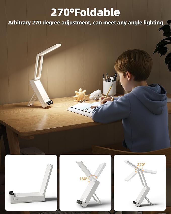 EZVALO LED Rechargeable Desk Lamp, 6000mAh Battery Operated Foldable & Portable Light,90Ra Cordless Table Lamp for Office Home, 3 Color Dimmable Small Desk Lamp Wireless Reading Lamp