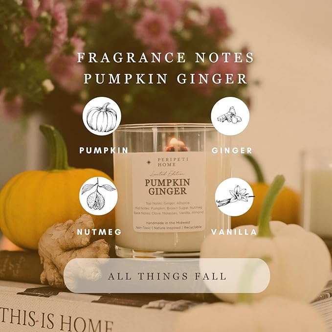 PERIPETI Home Pumpkin Ginger Scented Candle, Wooden Wick – 8.5oz Natural Soy Wax for Energizing Aromatherapy, Long-Lasting Burn with a Cozy Fall Scent