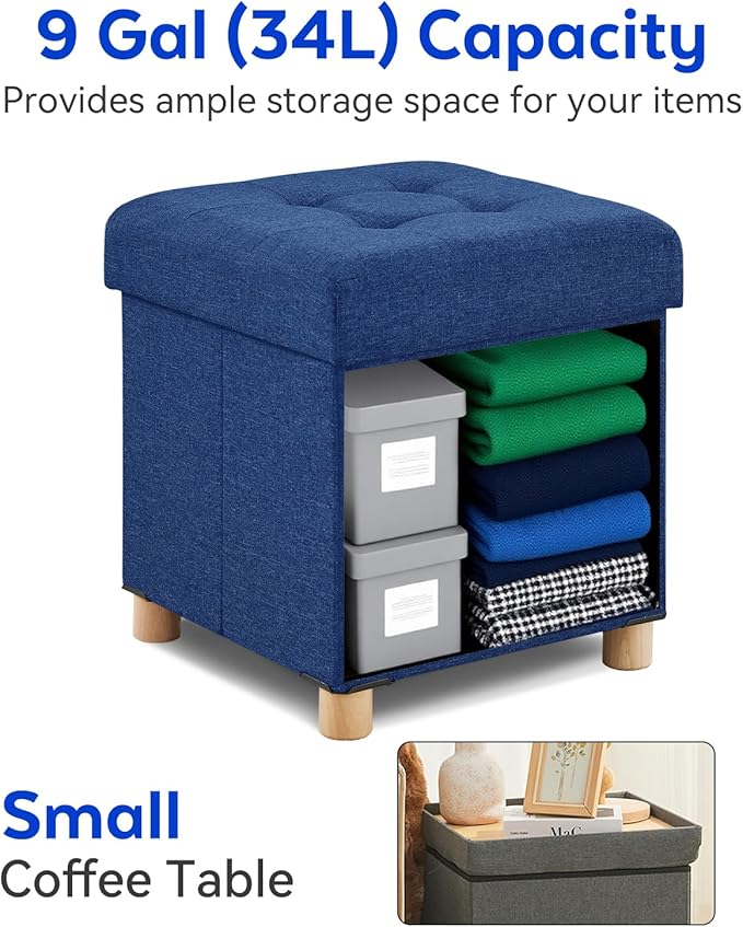 BRIAN & DANY Small Ottoman with Storage, Foot Stool Ottoman Storage Cube, Foot Rest for Couch with Legs, Blue 14.8" x 14.8" x 16"