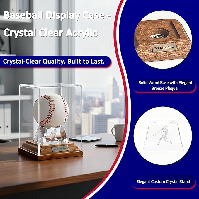 Baseball Display Case, Baseball Display Stand with LED Lights , Wooden Stand and a Bronze Medal,Cube Baseball Holder Display case, Acrylic Clear Ball Protector for Memorabilia Baseball Gifts