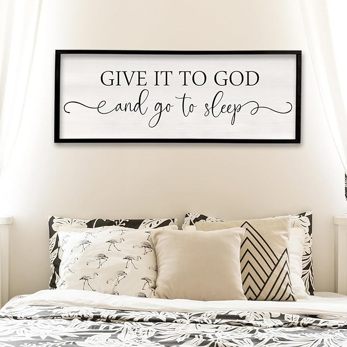 Surfapans Give It To God And Go To Sleep Sign Wall Decor Above Bed 32"x12" Master Bedroom Guest Room Over Bed Wood Rustic Framed Wall Art (Black)