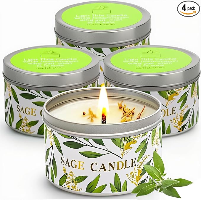 4 Pack Sage Candles, White Sage Candle with Crystal Healing Stones for Cleansing House Negative Energy Smudge Kit, Natural Soy Wax Aromatherapy Candles Gift Set Spiritual Meditation Housewarming Gifts