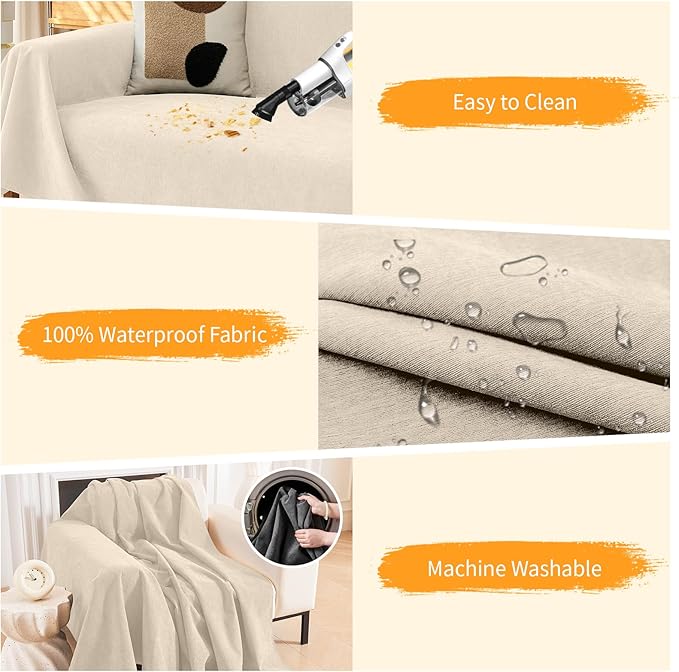 Deep Dream Cat-Scratch Resistant Couch Cover, Waterproof Sofa Cover for 3 Cushion Couch Washable, Pet Friendly Couch Protectors Anti Slip Thickened Sofa Slipcovers for Dogs Pets, 71" x 134", Beige