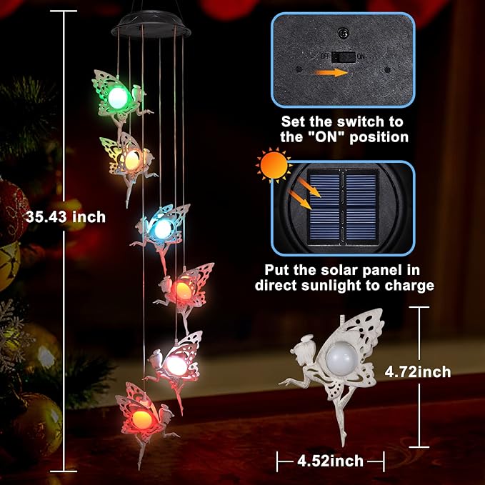 Tryme Solar Wind Chimes for Outside Changing Colors Fairy Wind Chime Lights Windchimes Outdoors Unique Decorative Mobile Gifts for Mother's Day Thanksgiving Christmas Birthday