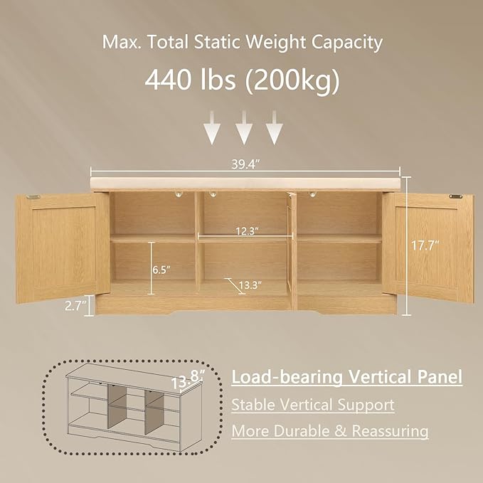 DINZI LVJ Shoe Bench, Entryway Storage Bench with Doors, Cushion, 2-Tier Shoe Rack with 6-Cubby, 39.4”L x 13.8”W Shoe Organizer Cabinet, Adjustable Shelf, Living Room, Bedroom, Natural with Rattan