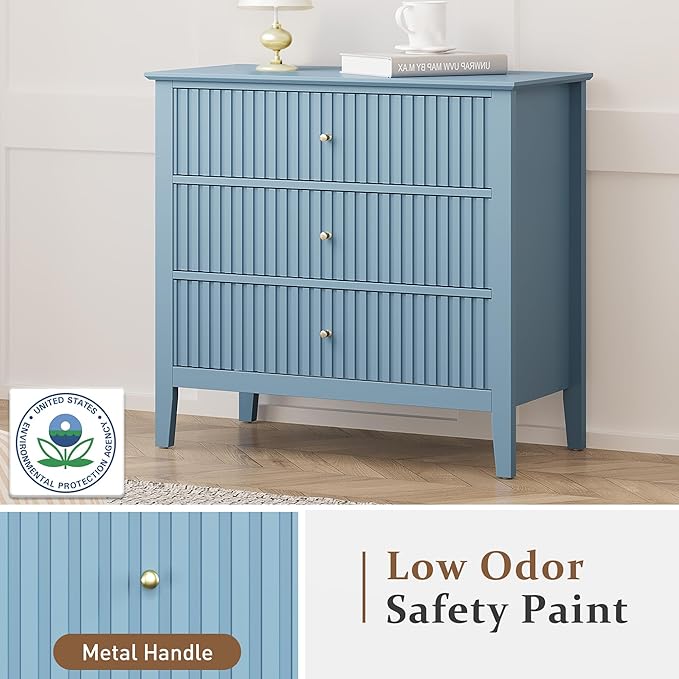 Large Muted Blue 3 Drawer Dresser, Painted 30 Inch Tall Wood Nightstand with Storage, Wide Modern Chest of Drawers with Ball Bearing Slide for Bedroom Hallway Living Room Entryway Office