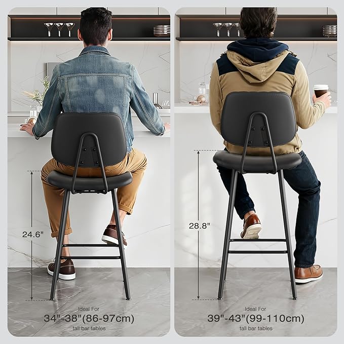 24-Inch Leather Bar Stools, Counter Height Barstools with High Backrest，Bar Chairs for Kitchen Island with Heavy Duty Metal Legs, Black