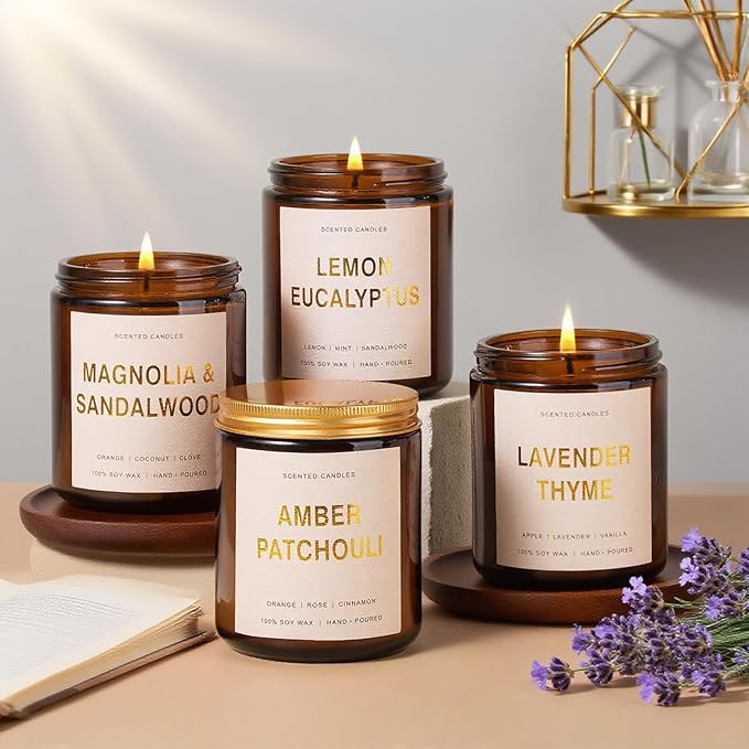 Candles for Home Scented, 4 Pack Soy Candle Non Toxic, Aromatherapy Candles with Lavender Thyme,Magnolia & Sandalwood,Amber Patchouli,Lemon Eucalyptus - Candle Gifts Set for Women & Valentine's Day