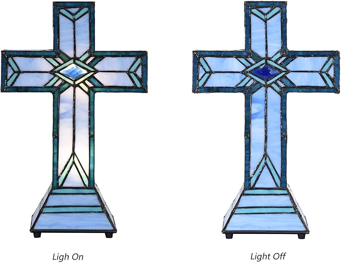 Bieye L10815 Christian Cross Tiffany Style Stained Glass Accent Table Lamp for Home Décor (Mission)