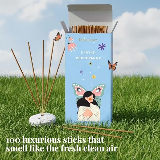 Folkulture Unwind Incense Sticks with Holder (100 Sticks) | Peppermint Incents Stick for Focus,Aromatherapy, Relaxation Gifts for Women | No Charcoal,Organic,Non Toxic, 45 Mins, Slow Burning Insence