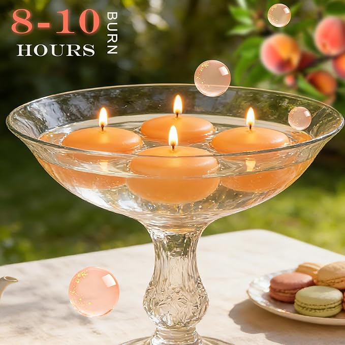 36 Packs 3 Inch Honey Peach Scented Floating Candles, 8-10 Hours Burn Time Sweet Peach Highly Scented Floating Candles for Home, Pool, Bathtub, Relaxation, Party, Centerpiece