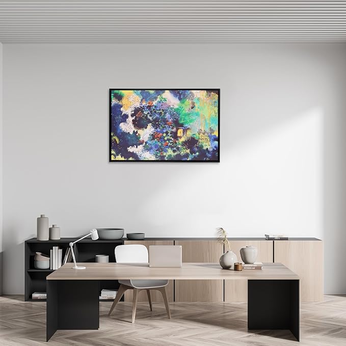Charouse 1 Piece Framed Wall Decor Blue Green Abstract Eclectic Pastoral Vintage Artistic Wall Art for Living Room Office Bedroom Cafes Vibrant Spots Nature Architecture Pictures Christmas GIft Wall Decor 24*16 Inch