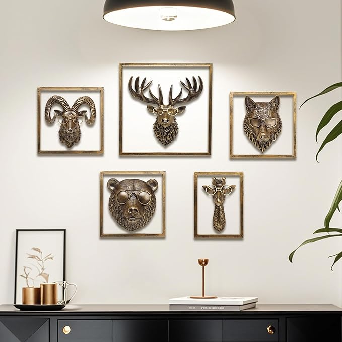 JJALIGHTS Animal Heads Wall Decor Resin Animals Sculptures Head Wall Hanging Decoration Imitation Copper vintage Wall Sculpture for Living Room Bedroom Office(Bighorn,Includes Metal Frame)