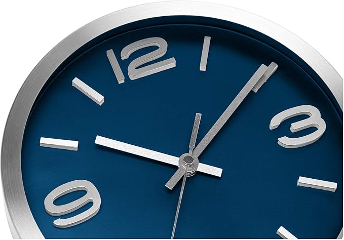 Bernhard Products Wall Clock 10 Inch Modern Silver Round Elegant Metal Quality Quartz, Silent Non Ticking Battery Operated Home Office Clock with 3D Numbers (Silver & Prussian Blue)